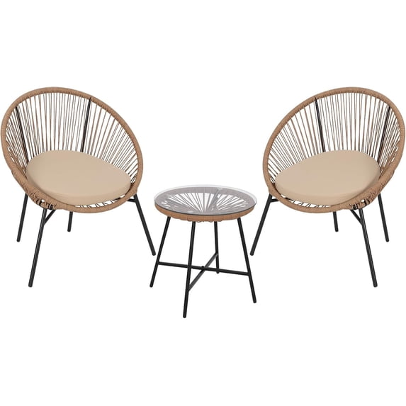 3-Piece Acapulco Outdoor Bistro Set, All-Weather Woven Patio Chairs with Thick Cushions & Tempered Glass Table, Modern Conversation Set for Balcony, Poolside, Porch