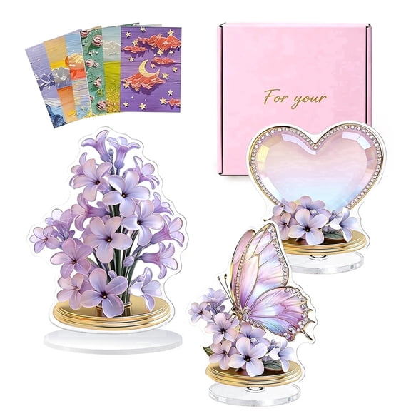 PMHZI 3Pcs Acrylic Rotating Butterfly Decor Set, Pink Purple Gradient, Home Decor Gift for Mom Women with 6 Cards