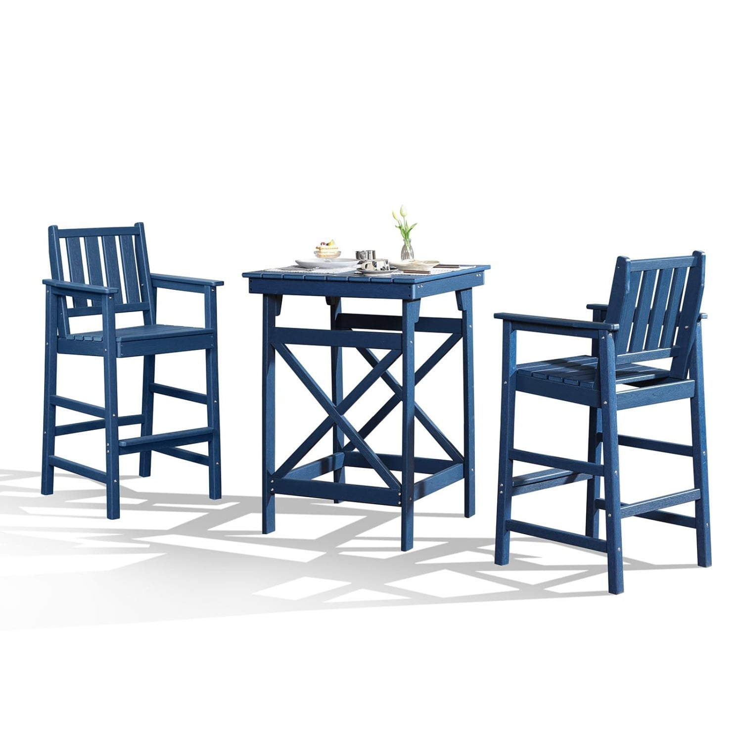 3-Piece Adirondack Bar Table Set, HDPE Outdoor Bar Height Chairs and Table Set, All Weather Patio Bar Furniture for Balcony, Porch, Garden, Poolside, Navy