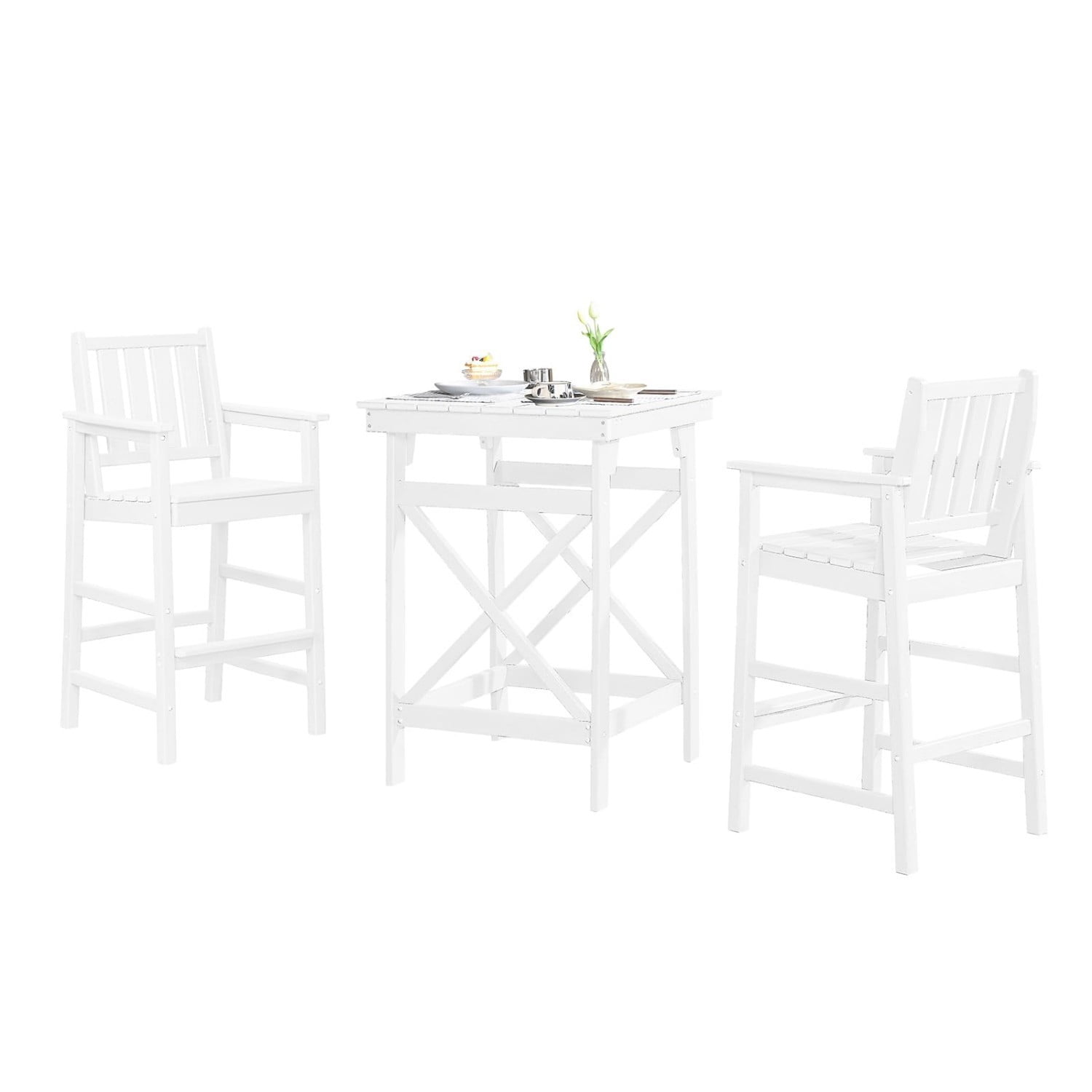3-Piece Adirondack Bar Table Set, HDPE Outdoor Bar Height Chairs and Table Set, All Weather Patio Bar Furniture for Balcony, Porch, Garden, Poolside, Pearl