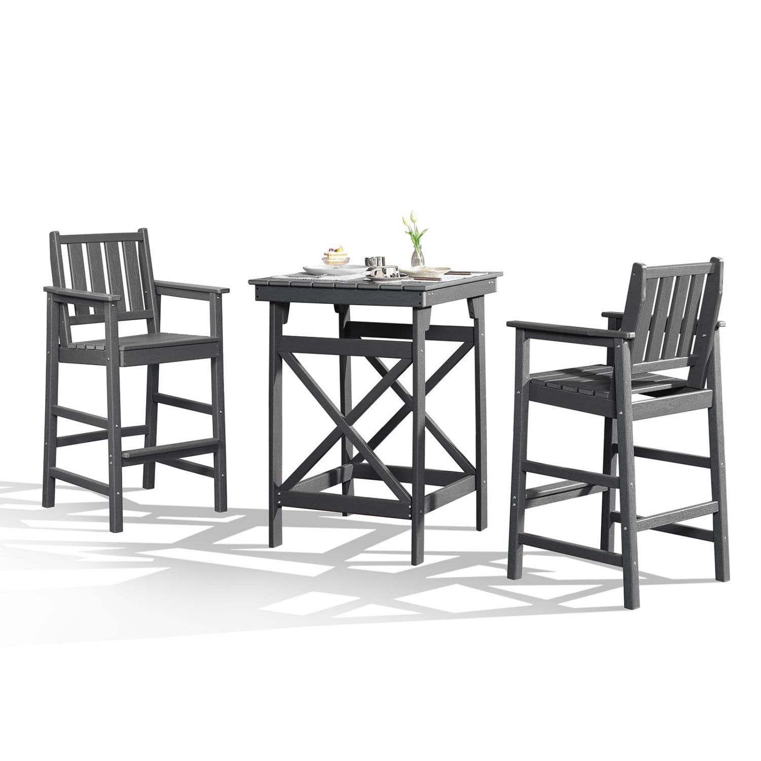 3-Piece Adirondack Bar Table Set, HDPE Outdoor Bar Height Chairs and Table Set, All Weather Patio Bar Furniture for Balcony, Porch, Garden, Poolside, Smoke Gray