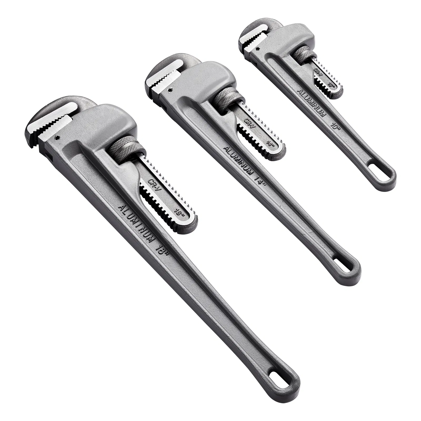 3-Piece Adjustable Aluminum Pipe Wrench Set with 10",14",and 18" Wrenches,High Strength Jaws,Ergonomic Handles for Plumbing and Automotive Repairs
