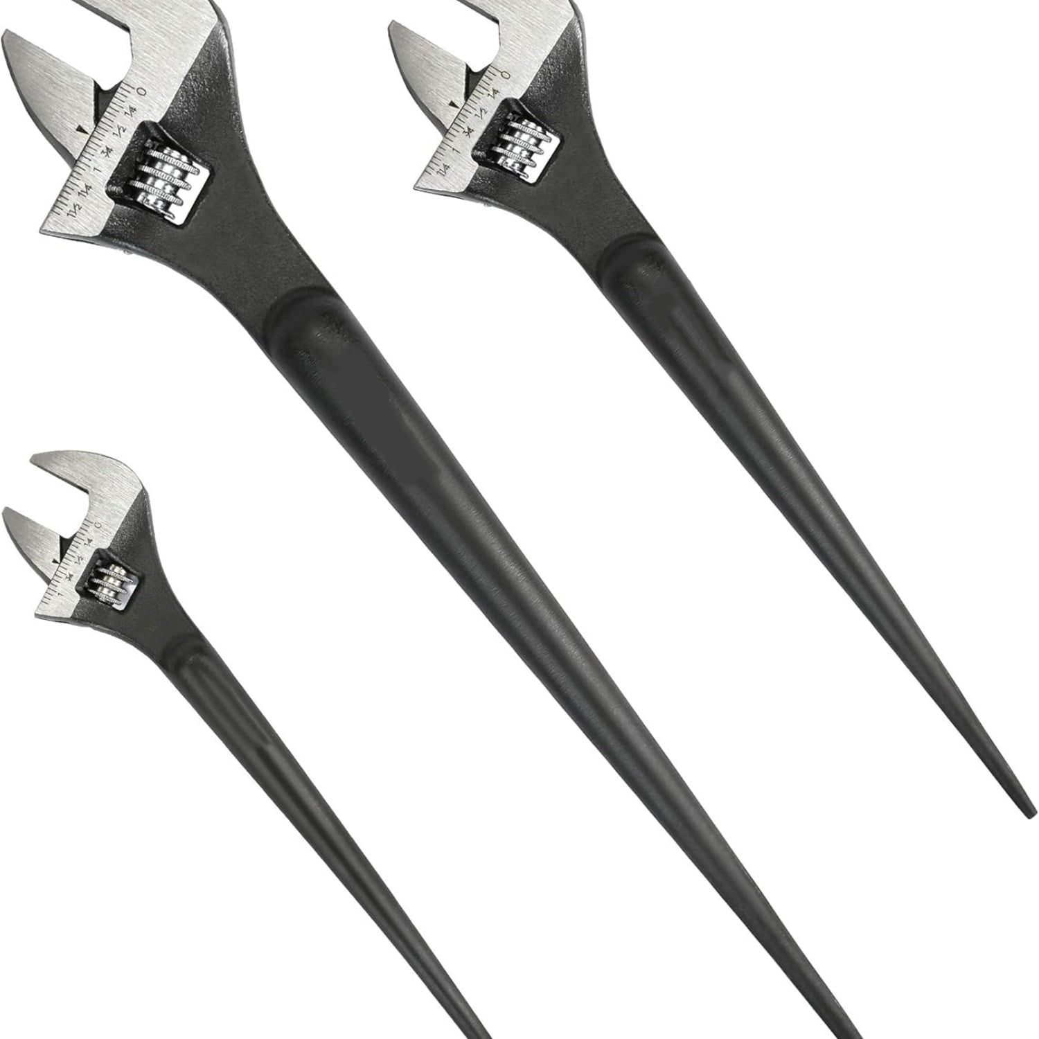 3-Piece Adjustable Construction Spud Wrench Set, 8-inch, 10-inch, 12-inch, Black Oxide Finish, CR-V Steel, SAE and Metric Scale Marked, Alignment Holes and Tail Crowbar Features