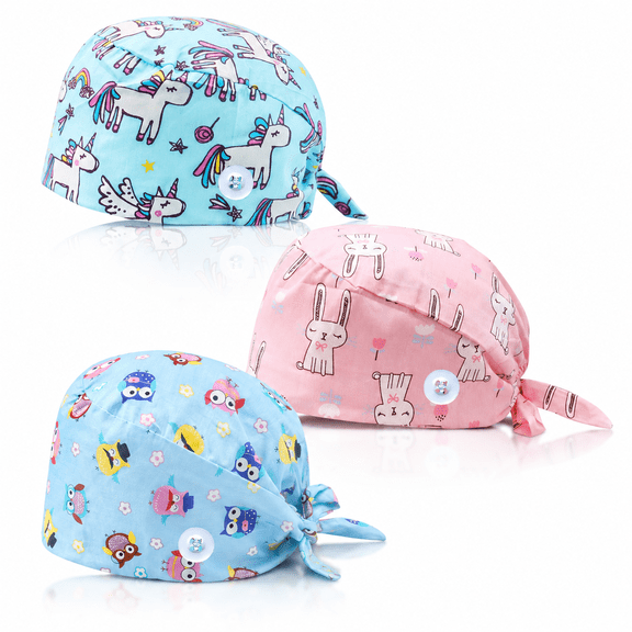 3 Piece Adjustable Nurse Cap with Button,Surgical Caps Women Men,Operating Room Cap,Bouffant Hat with Sweatband