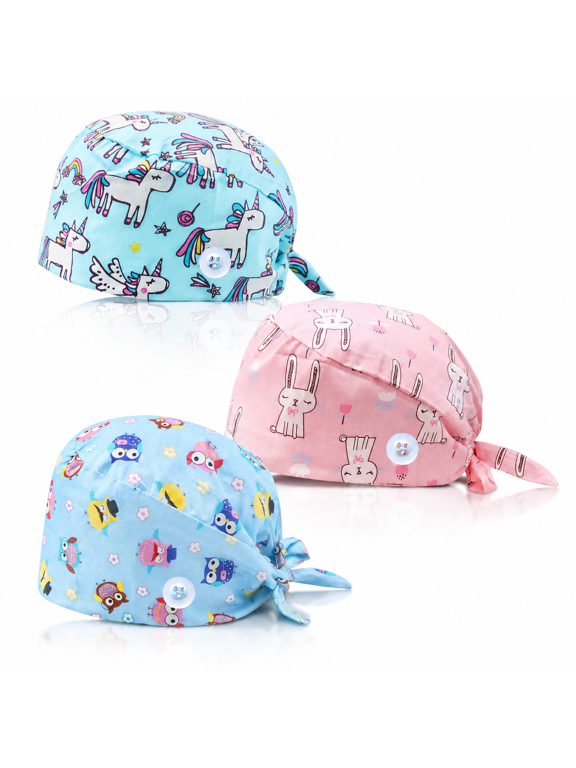 3 Piece Adjustable Nurse Cap with Button,Surgical Caps Women Men,Operating Room Cap,Bouffant Hat with Sweatband