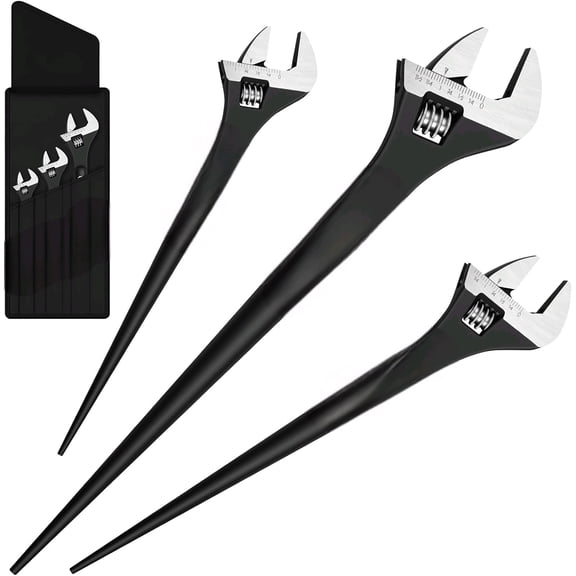 3-Piece Adjustable Spud Wrench Set (10, 12, 16 Inch), CR-V Steel & Black Oxide Finish, SAE & Metric Scales, Alignment Punch and Crowbar Tail for Construction/Mechanical Repair/Outdoor Projects$$