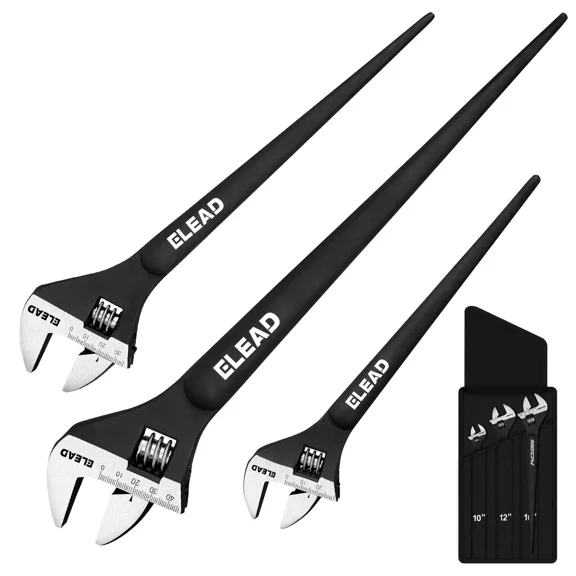 3-Piece Adjustable Spud Wrench Set, 10/12/16 Inch Heavy Duty CR-V Steel Wrenches, Dual SAE & Metric Scales, Black Oxide Finish for Construction, Mechanical Repair & DIY Projects