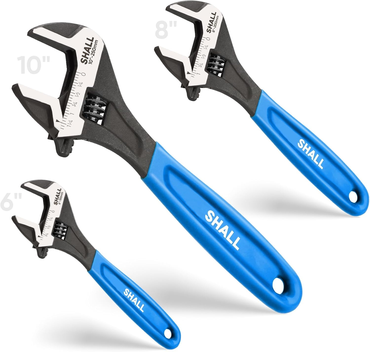 3-Piece Adjustable Wrench Set, 10/8/6 Inch Cr-V Steel Wrench with Cushion Grip, Wide Jaw Black Oxide Wrench with Laser-etched SAE Scales for Home, Garage, Workshop and DIY, Dark Blue