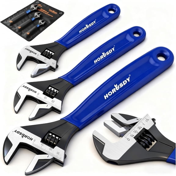 3-Piece Adjustable Wrench Set (6/8/10 in), Wide Jaw Black Oxide Finish, Cr-V Steel, Metric & SAE Scales, Adjustable Spanner Set for Home Garage Workshop