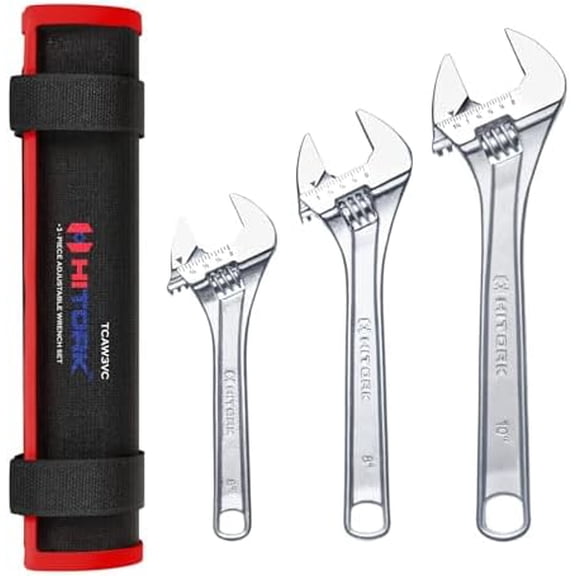 3-Piece Adjustable Wrench Set 6-Inch, 8-Inch, 10-Inch, Chrome-Plated Cr-V Steel, Wide Opening Jaws, Laser Etched SAE & Metric Scale, Polished Head, Smooth Knurl, Roll Pouch Included