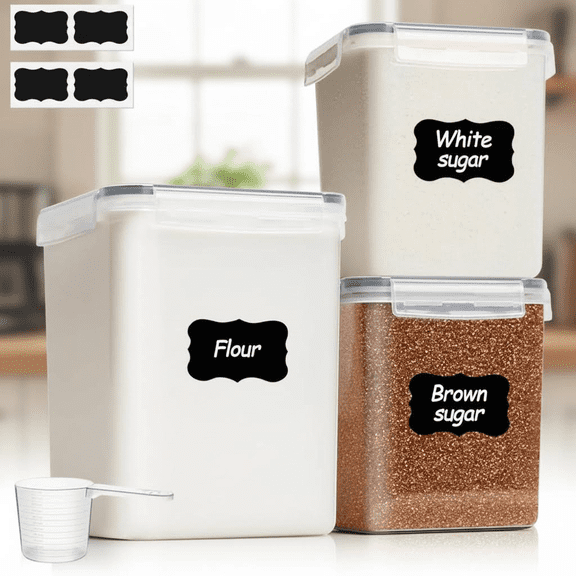 3-Piece Airtight Food Storage Container Set for Kitchen & Pantry Organization, Large Plastic Canisters with Lids for Flour, Sugar, Rice, Baking Supplies, 5.2L + 2x 2.5L Capacity