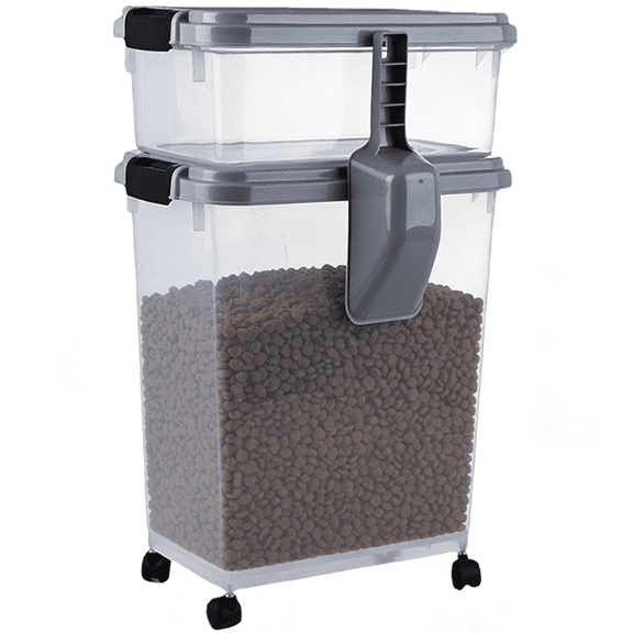 3 Piece Airtight Pet Food Storage Container Combo with Wheels & Scoop, 32 QT + 11 QT Stackable Bins for Dog & Cat Food