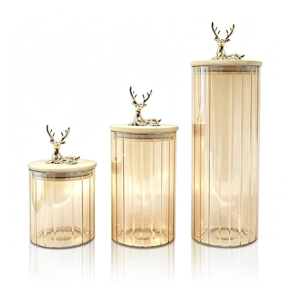 3-Piece Airtight Storage Glass Canister Set with Deer Head Design,Storage Jar for Kitchen Counter,for Coffee, Grains, Sugar & Pantry Organization