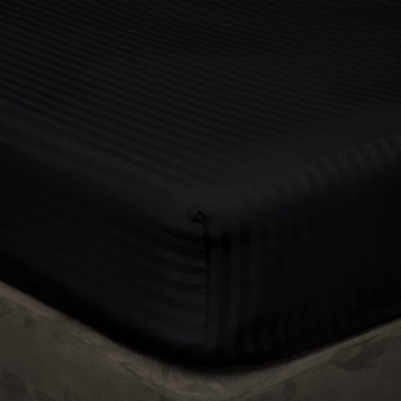3 Piece All Around Elastic Fitted Bedsheet, 100% Egyptian Cotton 400 Thread Count - Full Size 14 Inch Deep Pocket - Black Stripe.