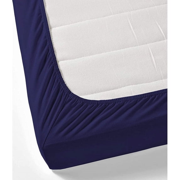 3 Piece All Around Elastic Fitted Bedsheet, 100% Egyptian Cotton 400 Thread Count - Queen Size 16 Inch Deep Pocket - Navy Blue Solid.