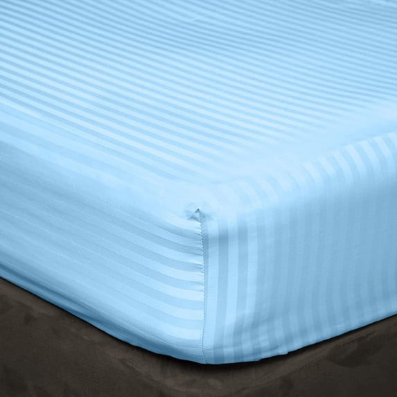 3 Piece All Around Elastic Fitted Bedsheet, 100% Egyptian Cotton 400 Thread Count - Twin Size 14 Inch Deep Pocket - Light Blue Stripe.