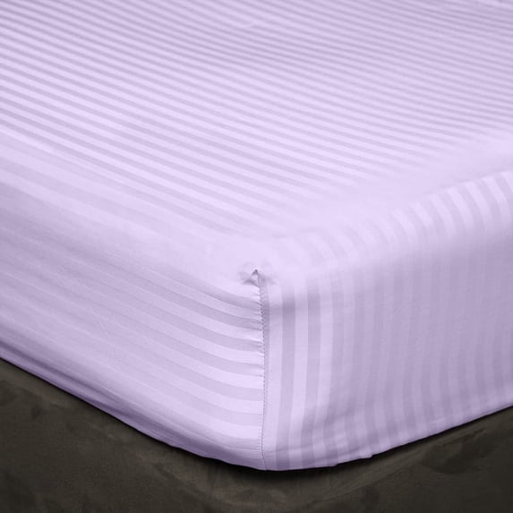 3 Piece All Around Elastic Fitted Bedsheet, 100% Egyptian Cotton 400 Thread Count - Twin-XL Size 14 Inch Deep Pocket - Lavender Stripe.