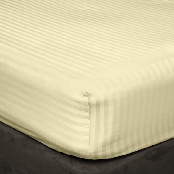 3 Piece All Around Elastic Fitted Bedsheet, 100% Egyptian Cotton 400 Thread Count - Twin-XXL Size 18 Inch Deep Pocket - Ivory Stripe.