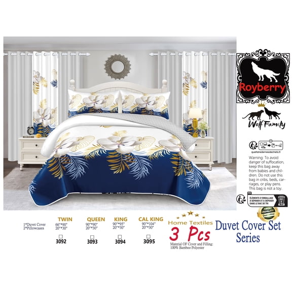 3 Piece All Season Comforter Set, Blue and White Tropical Floral Bedding with Bamboo Polyester Filling, Reversible & Machine Washable (CAL KING)