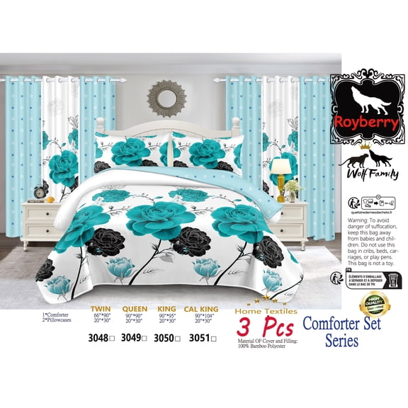 3 Piece All Season Comforter Set, Teal and Black Floral Rose Print Bedding, Soft Bamboo Polyester, Reversible & Machine Washable (CAL KING)