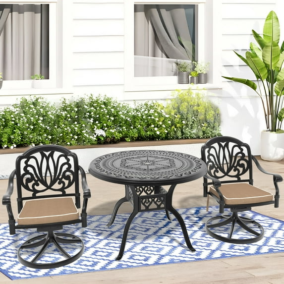 3-Piece All-Weather Cast Aluminum Outdoor Dining Set with 2 Swivel Chairs & 39.37" Round Table - Rust-Resistant Black Frame for Patio, Garden, Backyard - Durable Low-Maintenance Furniture Set