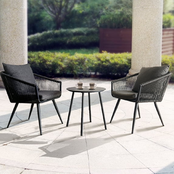 3 Piece Aluminum Outdoor Bistro Set, Woven Rope Conversation Patio Set, All Weather Aluminum Patio Furniture Chairs and Table with Cushions for Garden