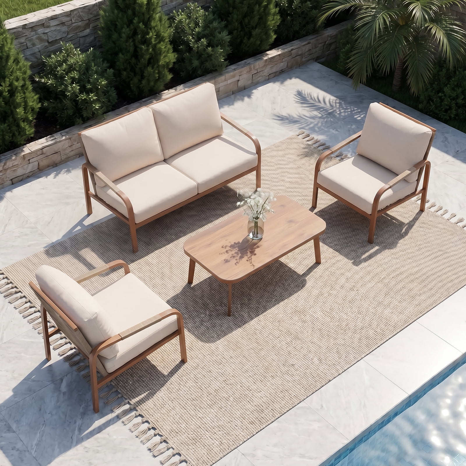 4-Piece Aluminum Outdoor Sectional Furniture Set with Sofa, Cushions and Coffee Table