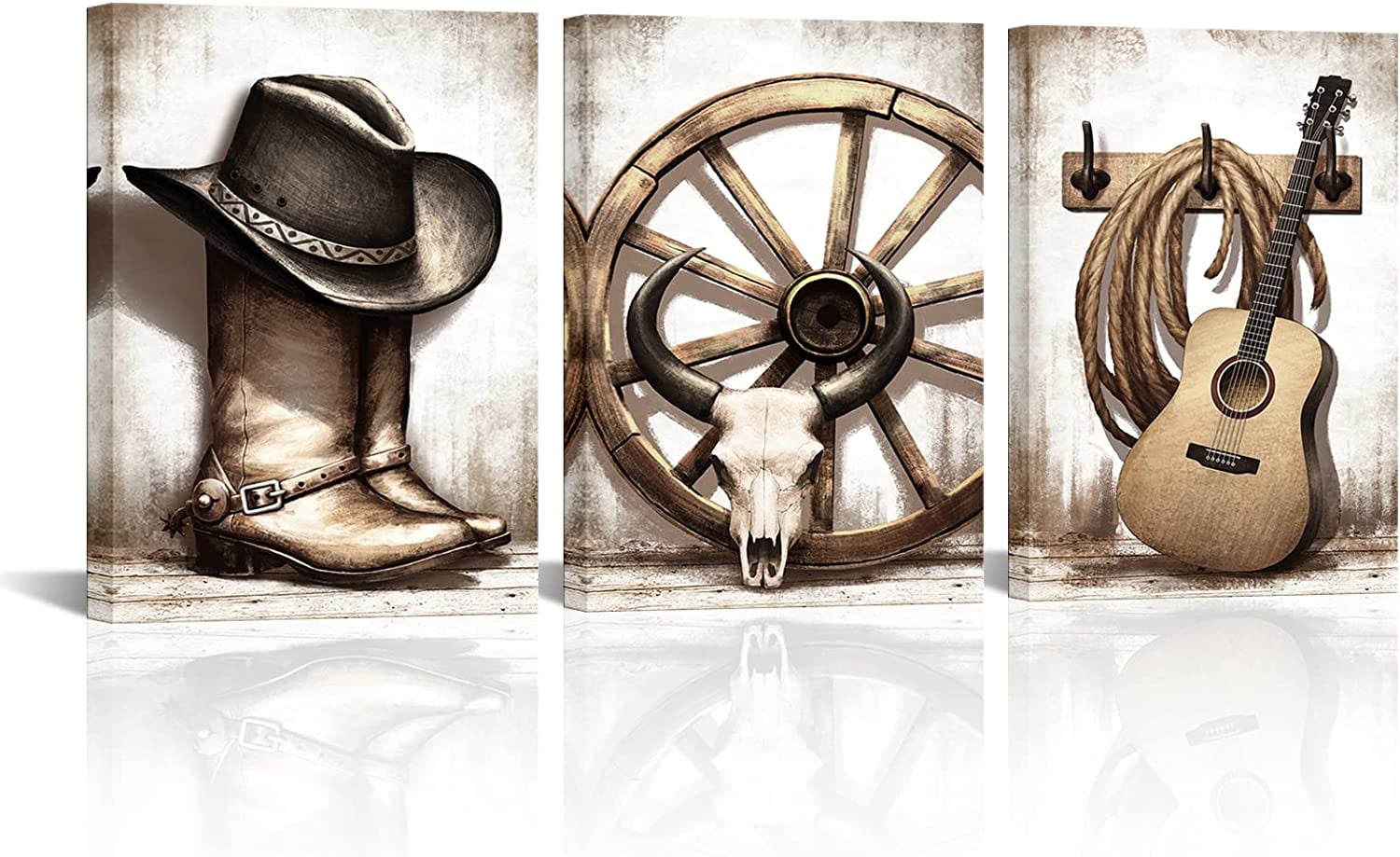 3 Piece American Western Decor Cowboy Wall Art Vintage Guitar Picture Hat and Boots West Rodeo Painting Canvas Print Gallery Wrap Man Cave Home