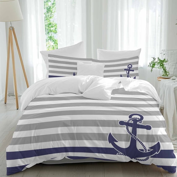 3 Piece Anchor Gray Duvet Cover Set California King,Microfiber Comforter/Quilt Cover with Corner Ties and 2 Pillowcases,Modern Navy Blue White Striped Nautical All Season Bedding with Zipper Closure