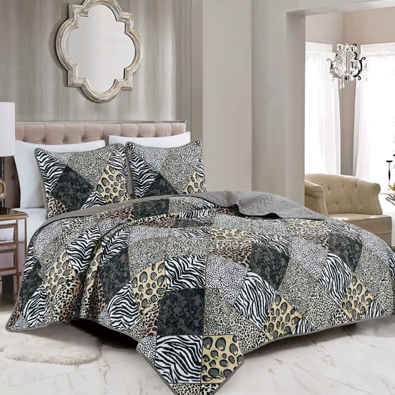 3 Piece Animal Print Bedspread Leopard Zebra Cheetah Printed Quilt Set Jungle Rustic Cabin Theme Bedding Reversible Black Queen Size Coverlet for All Season