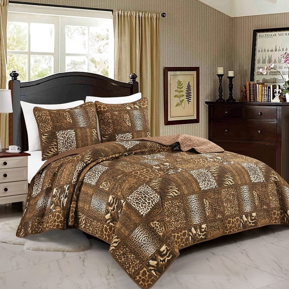 3 Piece Animal Print Bedspread Leopard Zebra Cheetah Printed Quilt Set Jungle Rustic Cabin Theme Bedding Reversible Brown Queen Size Coverlet for All Season