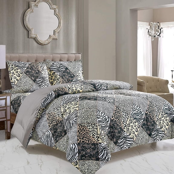 3 Piece Animal Print Comforter with Pillow Sham, Black White Gray Leopard Zebra Giraffe Jungle Forest Theme Design King Size Bedding- Safari