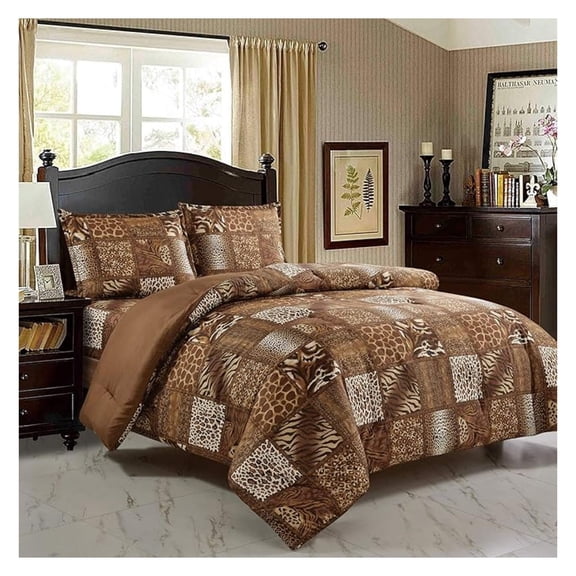 3 Piece Animal Print Comforter with Pillow Sham, Chocolate Brown Leopard Zebra Giraffe Forest Theme Design Queen Size Bedding- Safari (Brown, Queen)