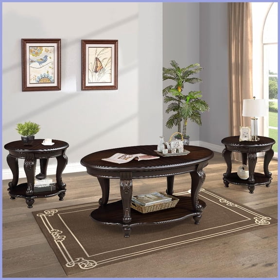 3-Piece Antique Coffee Table Set for Living Room, Oval & Round, Easy Assembly & Heat-Resistant Wood Veneer