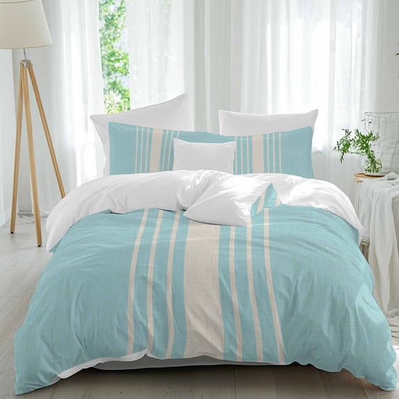 3 Piece Aqua Beige Striped Duvet Cover Set Full Size, Microfiber Comforter/Quilt Cover with Corner Ties and 2 Pillowcases, Modern Farmhouse Retro Lines All Season Soft Bedding with Zipper Closure