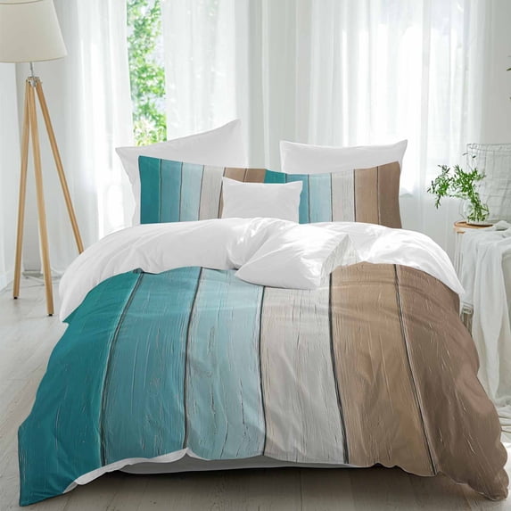 3 Piece Aqua Brown Ombre Duvet Cover Set California King, Microfiber Comforter/Quilt Cover with Corner Ties and 2 Pillowcases, Vintage Country Wooden All Season Soft Bedding with Zipper Closure