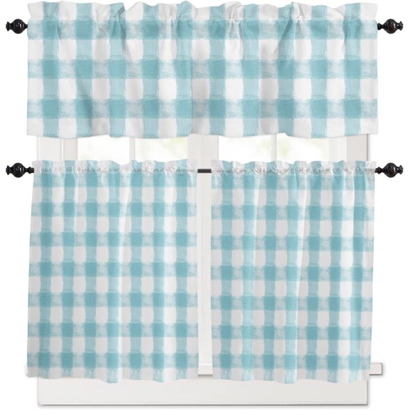 3 Piece Aqua Buffalo Plaid Check Kitchen Curtains, Tier and Valance Rod Pocket Window Curtains Set Vintage Farmhouse Cafe Curtains for Kitchen Valances Window Treatment 54X18in+27x24in×2