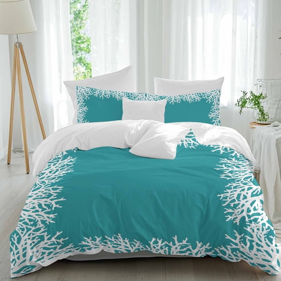 3 Piece Aqua Coastal Coral Duvet Cover Set Full Size,Microfiber Comforter/Quilt Cover with Corner Ties and 2 Pillowcases,White Ocean Marine Sea Nautical Beach All Season Bedding with Zipper Closure