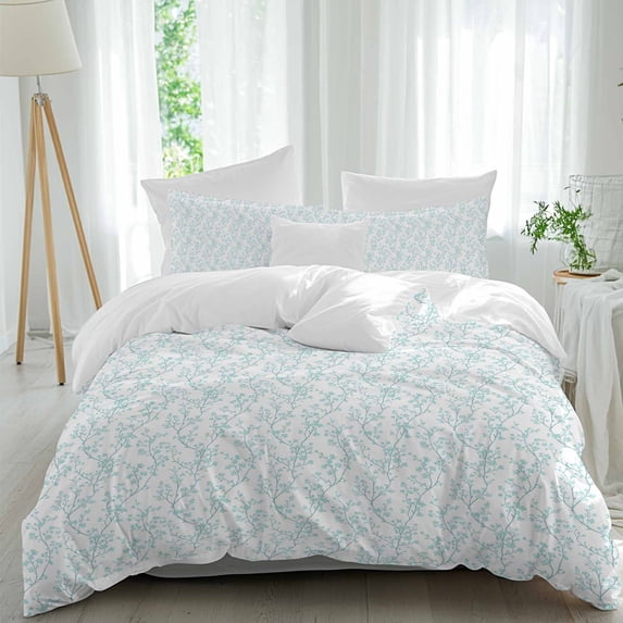 3 Piece Aqua Spring Floral Duvet Cover Set Full Size, Microfiber Comforter/Quilt Cover with Corner Ties and 2 Pillowcases, Summer Botanical Watercolor All Season Soft Bedding with Zipper Closure