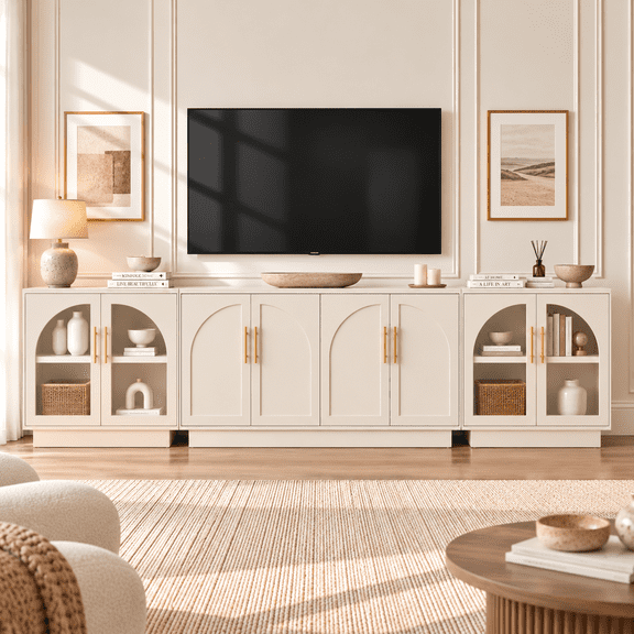 3-Piece Arched Entertainment Center for TVs up to 100", 2 Glass Door Accent Cabinets & 4-Door Media Console, Modular TV Wall Unit for Living Room, Cream Beige