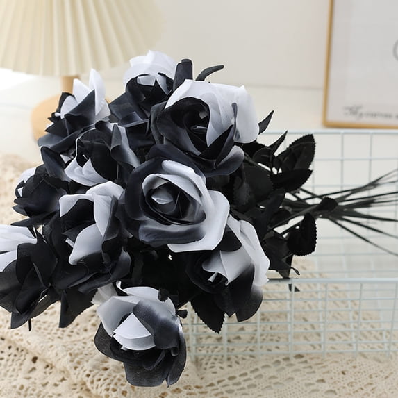 3-Piece Artificial Black Rose Set, Faux Silk Flowers for Halloween Vase, Gothic Centerpiece, Wedding Arrangement, Party Display and Dramatic Home Decoration, B