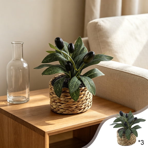 3-Piece Artificial Olive Plants in Woven Straw Basket, Compact Potted Faux Greenery for Desktop, Bookshelf & Kitchen Countertop, Bohemian Style Home Decor
