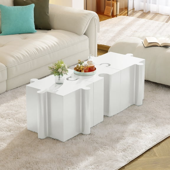 3-Piece Artistic Puzzle Table Set,Modular MGO Side Tables with Interlocking Design (2 Convex & 1 Concave), 200lb Capacity for Indoor & Outdoor,White Color