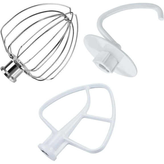 3-Piece Attachment Kit for KitchenAid 4.5-5 Quart Tilt-Head Mixers – Aluminum 6-Wire Whip, Flat Beater & Dough Hook, Hand Wash Only, Compatible with Artisan & Classic