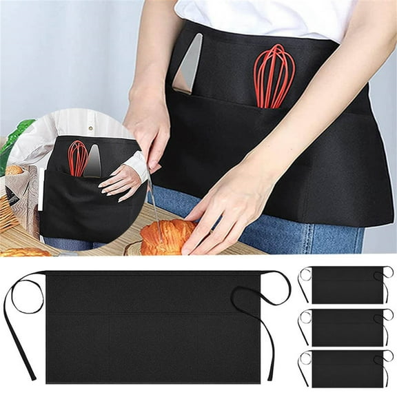 3-Piece Attendant Apron, Black Restaurant Hotel Kitchen Work Half Length, Durable, Adjustable, For Wait Staff