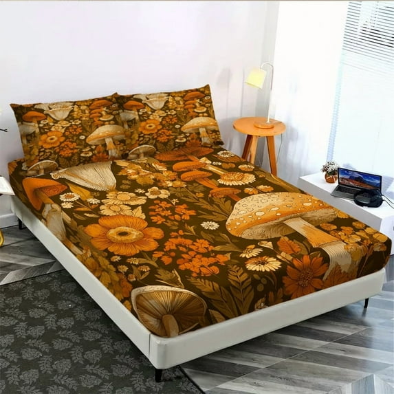 3-Piece Autumn Fungi Garden Print Bed Sheet Set - Ultra Soft Fitted Sheet & Pillowcases, Space-Themed Bedding for Kids, Teens & Adults