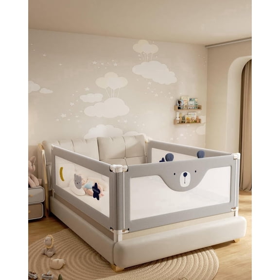 3-Piece Baby Bed Rail Guard for Toddlers with No-Drill Design, Thickened Bed Rails for King Size Bed for Toddlers & Kids, Child Safety Side Railings with Height Adjustable,Grey Bear,74.8x78.7x78.7 In