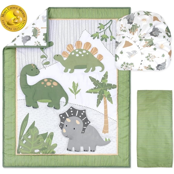 3 Piece Baby Crib Bedding Set for Boys - Newborn, Infant & Toddler Nursery Bed Set Decor with Fitted Crib Sheet, Dust Ruffle Comforter - Dinosaur Dreams