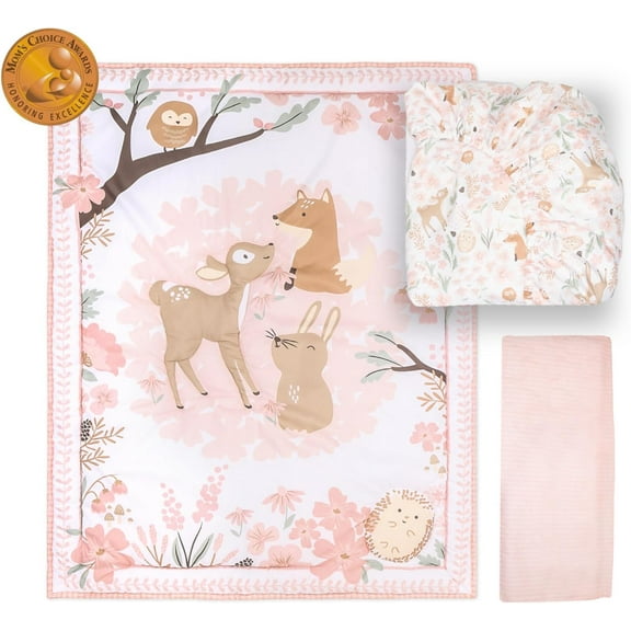 3 Piece Baby Crib Bedding Set for Girls - Newborn, Infant & Toddler Nursery Bed Set Decor with Fitted Crib Sheet, Dust Ruffle Comforter - Fairytale Forest