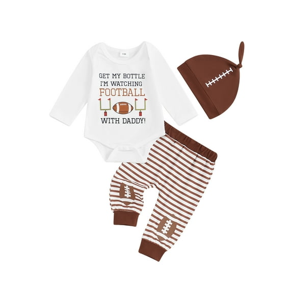 3-Piece Baby Toddler Boys Fall Clothing Set 0 3 6 12 18 Months Football Letter Print Long Sleeve Round Neck Romper Striped Long Pants Hat Outfits